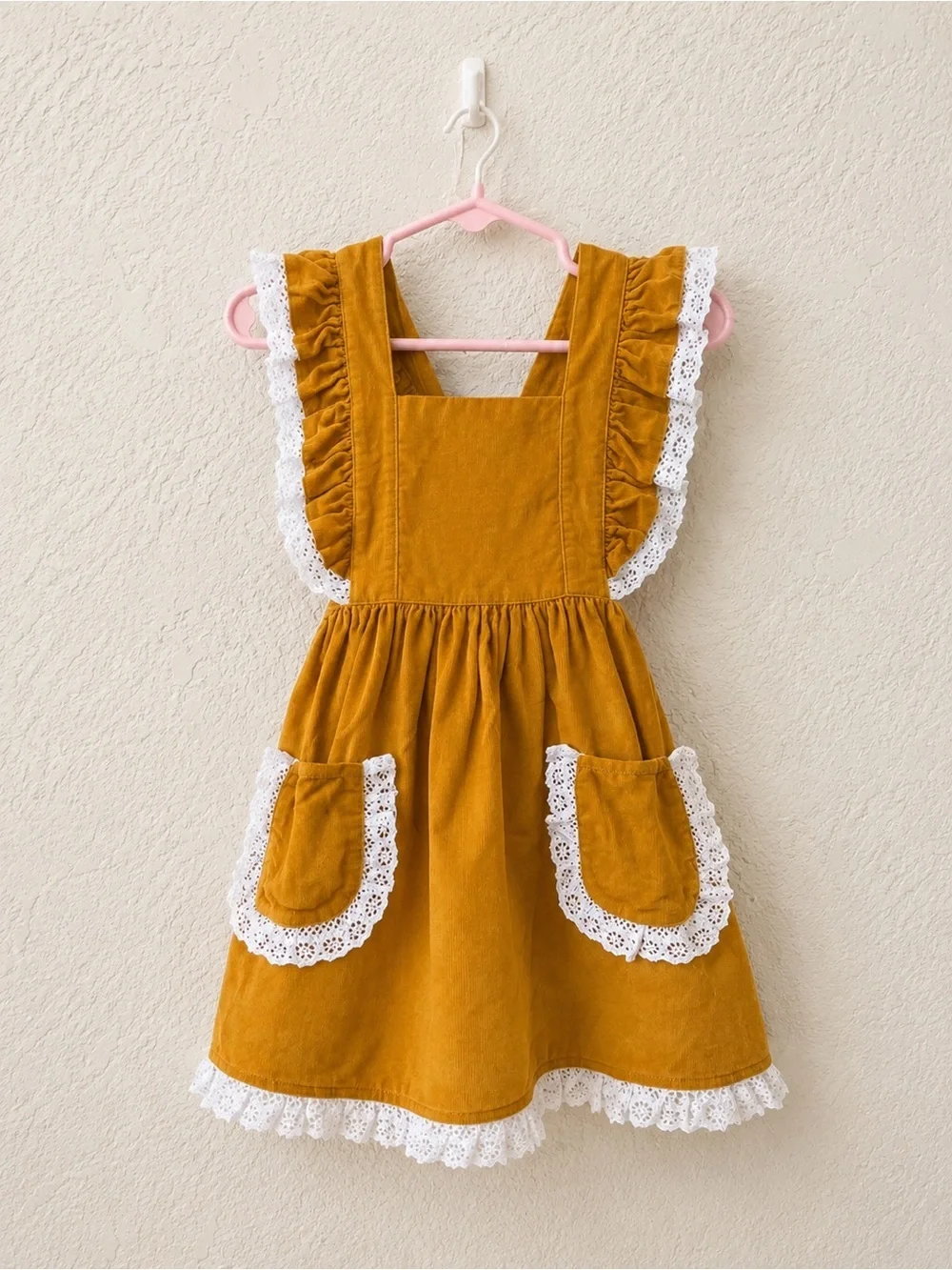 Shrimp & Grits Kids Corduroy Dress 3T Mustard Ruffle Lace Pinafore Boutique